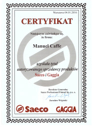 Certyfikat - Autoryzowany dystrybuor Saeco i Gaggia.